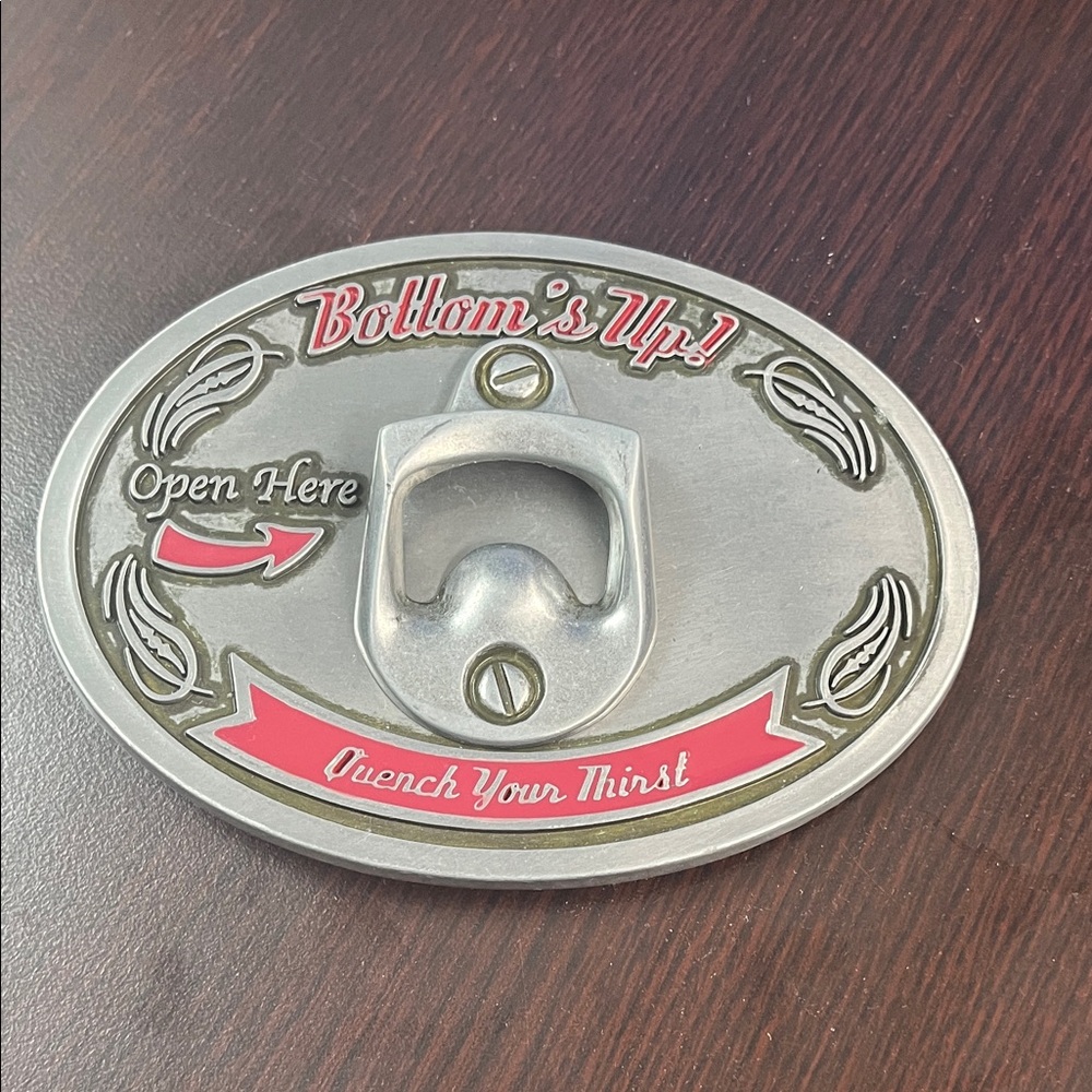Oval Metal Bottle Opener Belt Buckle with Red Accents